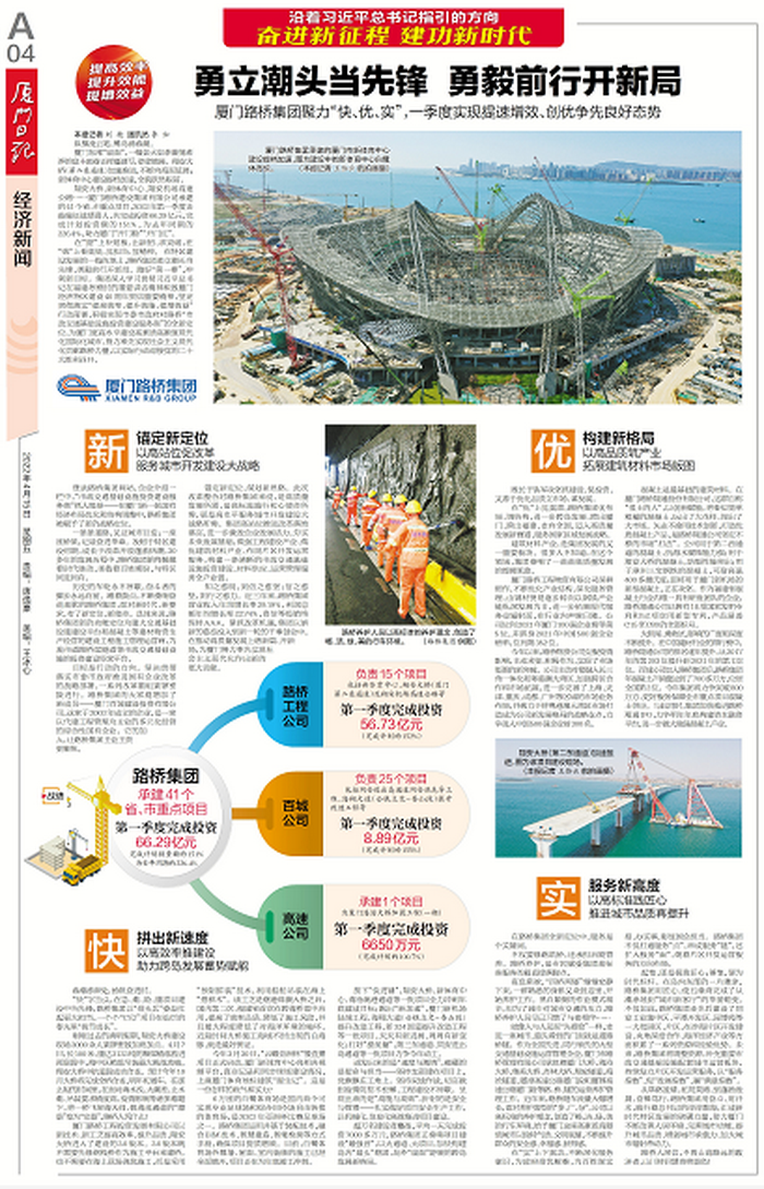 20220415【黨辦】廈門(mén)日報：勇立潮頭當先鋒  勇毅前行開(kāi)新局—— 廈門(mén)路橋集團聚力“快、優(yōu)、實(shí)”，一季度實(shí)現提速增效、創(chuàng  )優(yōu)爭先良好態(tài)勢_調整大小.png